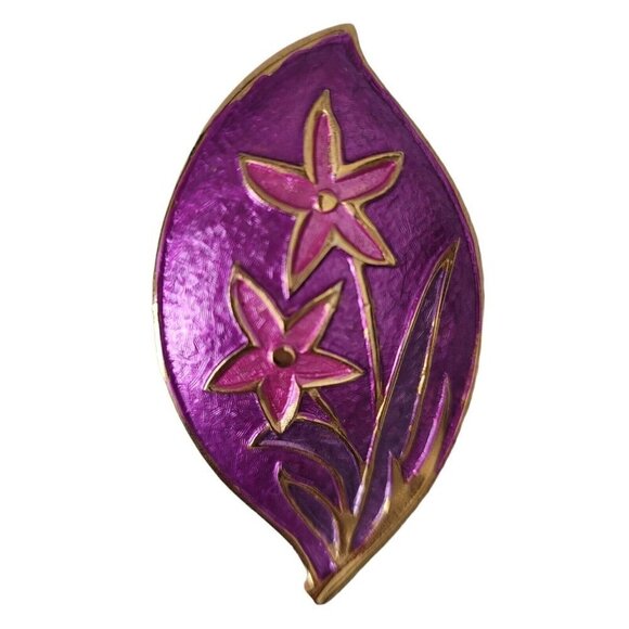 Purple & Gold Tone Flower Brooch 2 2/5" Modern Floral Feminine Locking C Clasp - Picture 1 of 7